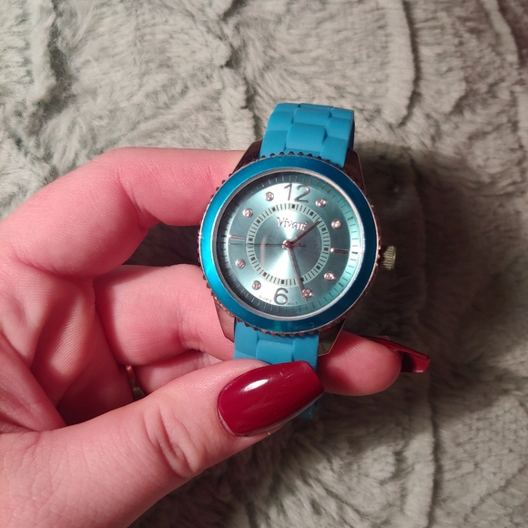 Vivani | vibrant bling rhinestone Aqua turquoise blue watch jelly plastic